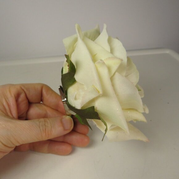 White Rose soft Corsage Glittered with Alligator Clip 4x4 Spring Hat Attachment - Picture 4 of 5